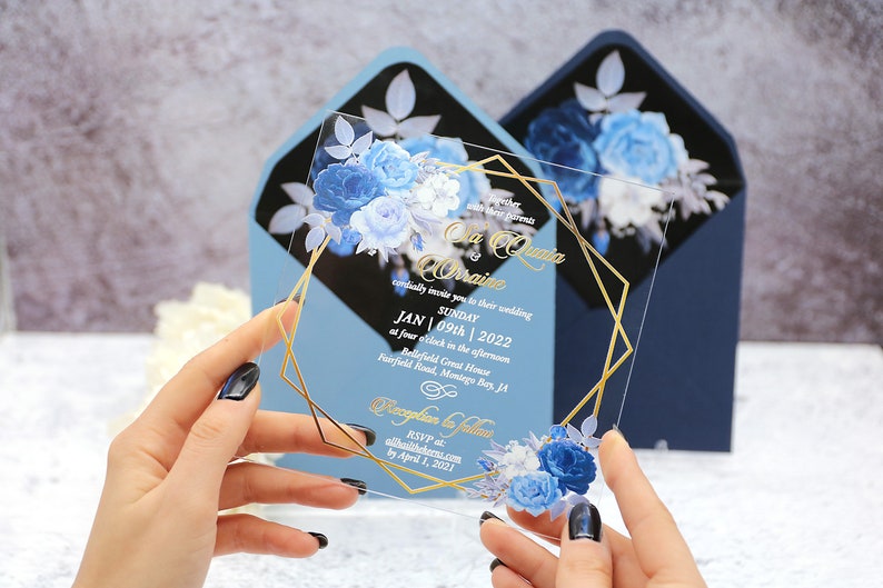 Acrylic Wedding Invitations Square Blue and White Roses image 3