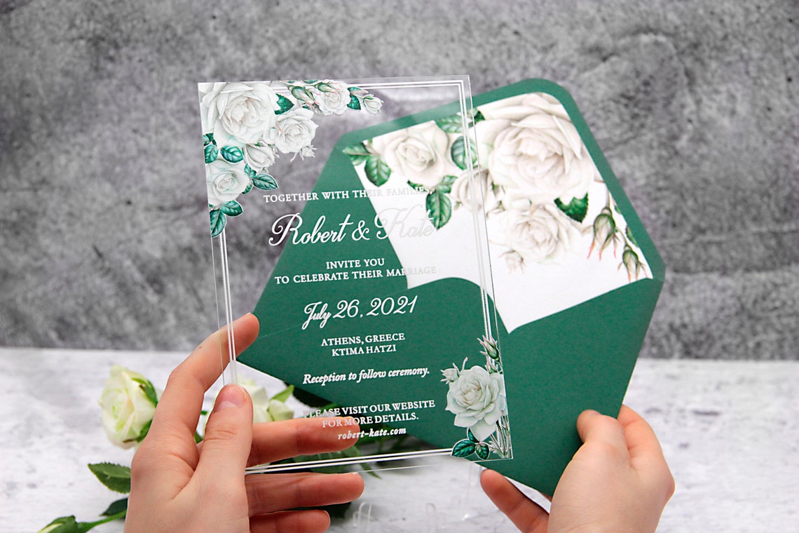 Clear Wedding Invitations with White Roses and green leaves Etsy
