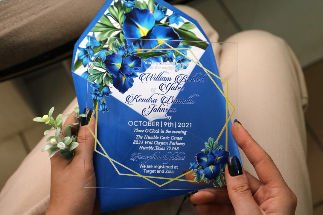 Acrylic Wedding Invitations, Square, Royal Blue Iris Flowers, Transparent Plexiglass, for Bridal