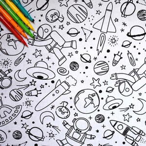 May include: A black and white illustration of a space-themed pattern. The pattern includes astronauts, planets, stars, rockets, and UFOs.