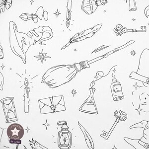 May include: Black and white line art illustration of various magical objects, including a witch's hat, a broom, a feather quill, a potion bottle, a key, a lantern, a candle, an hourglass, and a crystal. The background is white.