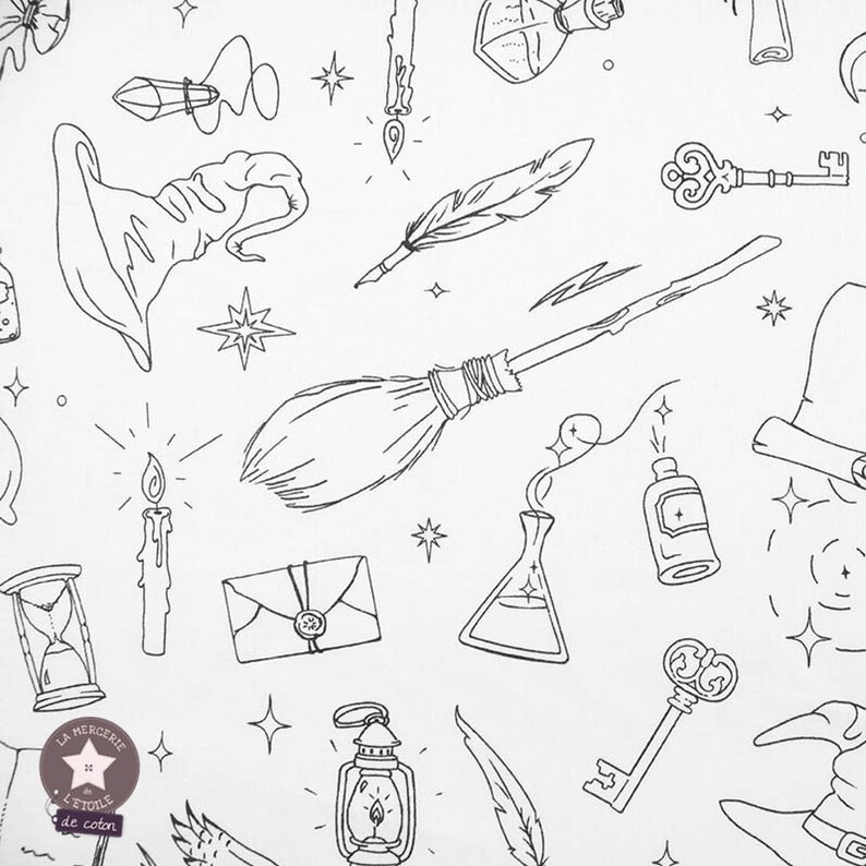 May include: Black and white line art illustration of various magical objects, including a witch's hat, a broom, a feather quill, a potion bottle, a key, a lantern, a candle, an hourglass, and a crystal. The background is white.