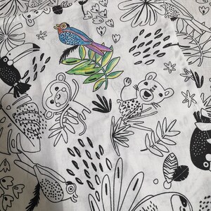 May include: Black and white illustration of a jungle scene with toucans, monkeys, sloths, and other animals. The illustration is on a white background.