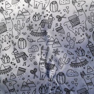 May include: Black and white llama pattern fabric with various designs including cacti, mountains, and musical instruments.
