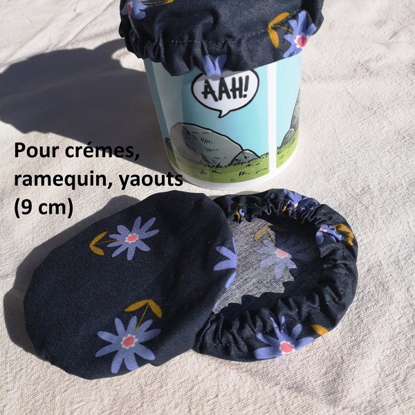 Charlotte pour petits pots/couvercle en tissu pour confitures/ramequins (jusqu'à 9 cm)/verrines/yaourts maison/écologique.