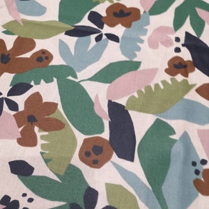May include: Abstract floral pattern fabric in shades of brown, green, blue, and pink on a white background.