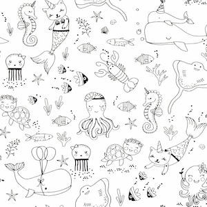 May include: Black and white line art illustration of various sea creatures, including a mermaid, a seahorse, an octopus, a whale, a jellyfish, a turtle, a lobster, a stingray, and fish. The illustration is on a white background.