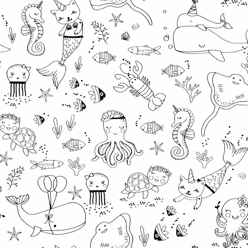 May include: Black and white line art illustration of various sea creatures, including a mermaid, a seahorse, an octopus, a whale, a jellyfish, a turtle, a lobster, a stingray, and fish. The illustration is on a white background.