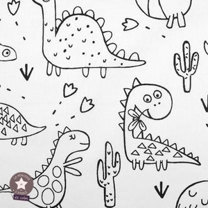 May include: Black and white illustration of dinosaurs and cacti on a white background. The dinosaurs are drawn in a simple, cartoon style. The cacti are tall and slender with spines.
