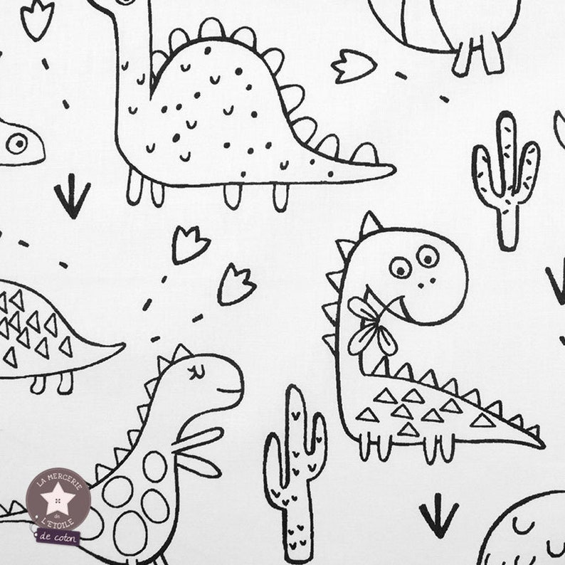 May include: Black and white illustration of dinosaurs and cacti on a white background. The dinosaurs are drawn in a simple, cartoon style. The cacti are tall and slender with spines.