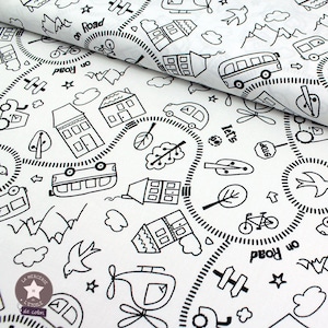 May include: Black and white fabric with a repeating pattern of houses, cars, trees, and other road-related imagery. The text "on Road" appears multiple times.
