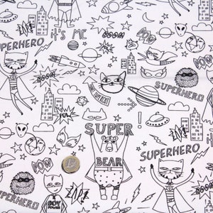 May include: Black and white doodle pattern featuring a superhero cat, a bear, and other characters. The pattern includes words like "superhero", "boom", "pow", and "it's me".
