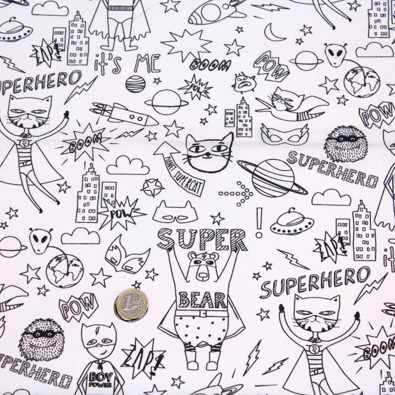 May include: Black and white doodle pattern featuring a superhero cat, a bear, and other characters. The pattern includes words like "superhero", "boom", "pow", and "it's me".