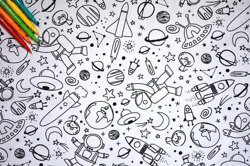 May include: A black and white illustration of a space-themed pattern. The pattern includes astronauts, planets, stars, rockets, and UFOs.