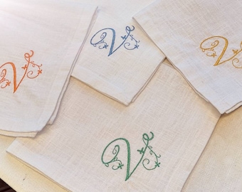 Oeko-Tex Leinen-Servietten/umweltfreundliches Geschenk/Familienfeste/Hochzeit/Taufe/personalisierbar/genäht und bestickt in Frankreich.