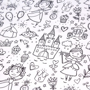 May include: Black and white line drawing of a princess, a castle, a carriage, cupcakes, hearts, stars, and other fairy tale elements.