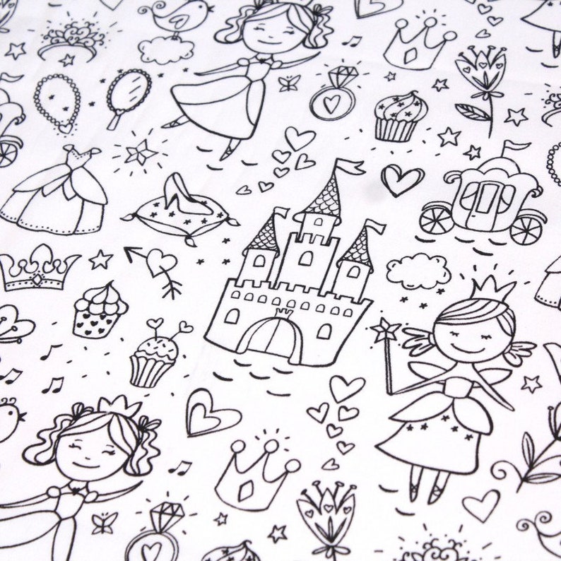 May include: Black and white line drawing of a princess, a castle, a carriage, cupcakes, hearts, stars, and other fairy tale elements.