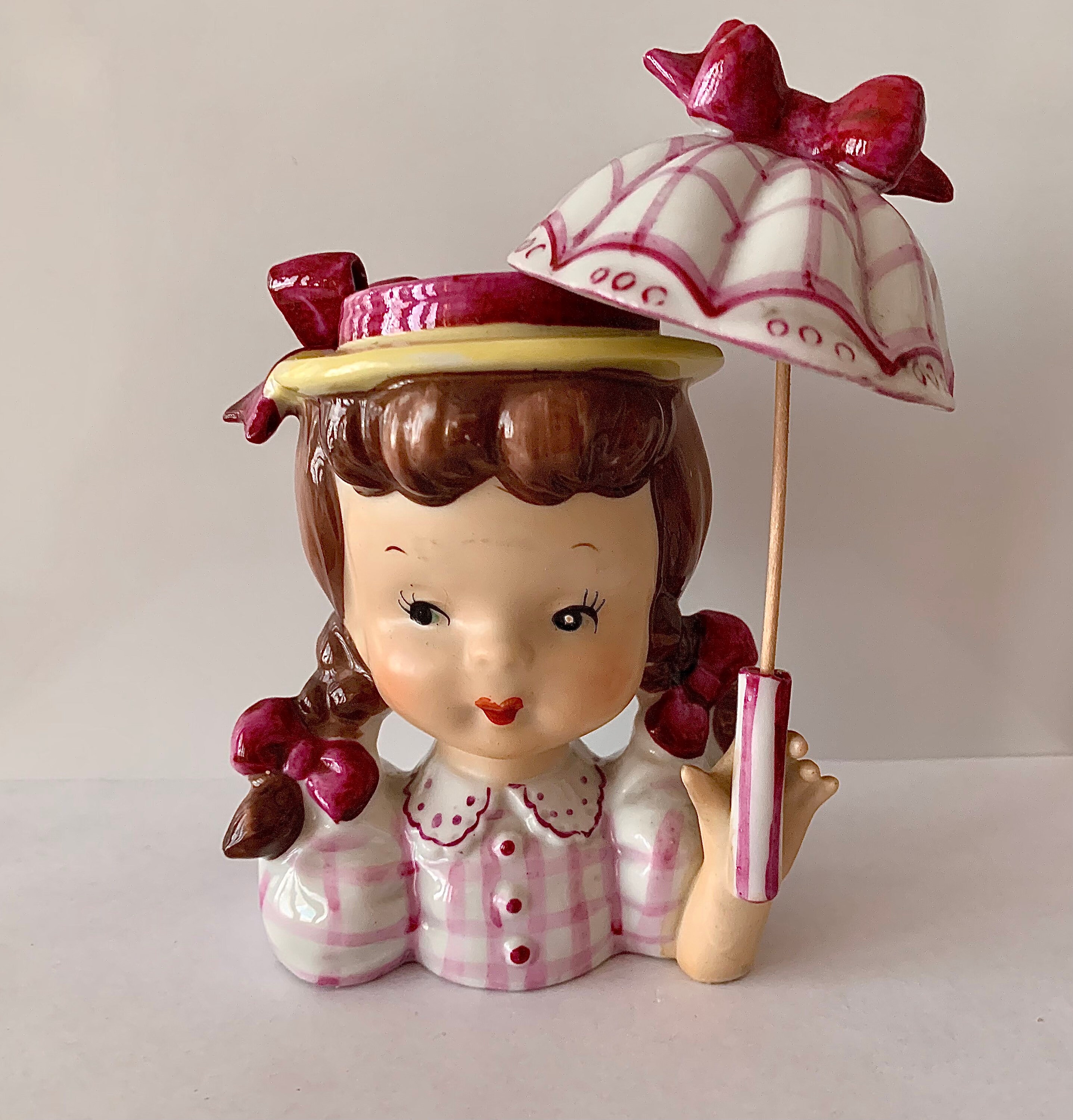 Vintage Girl Head Vase W/umbrella/parasol Pig Tails Etsy