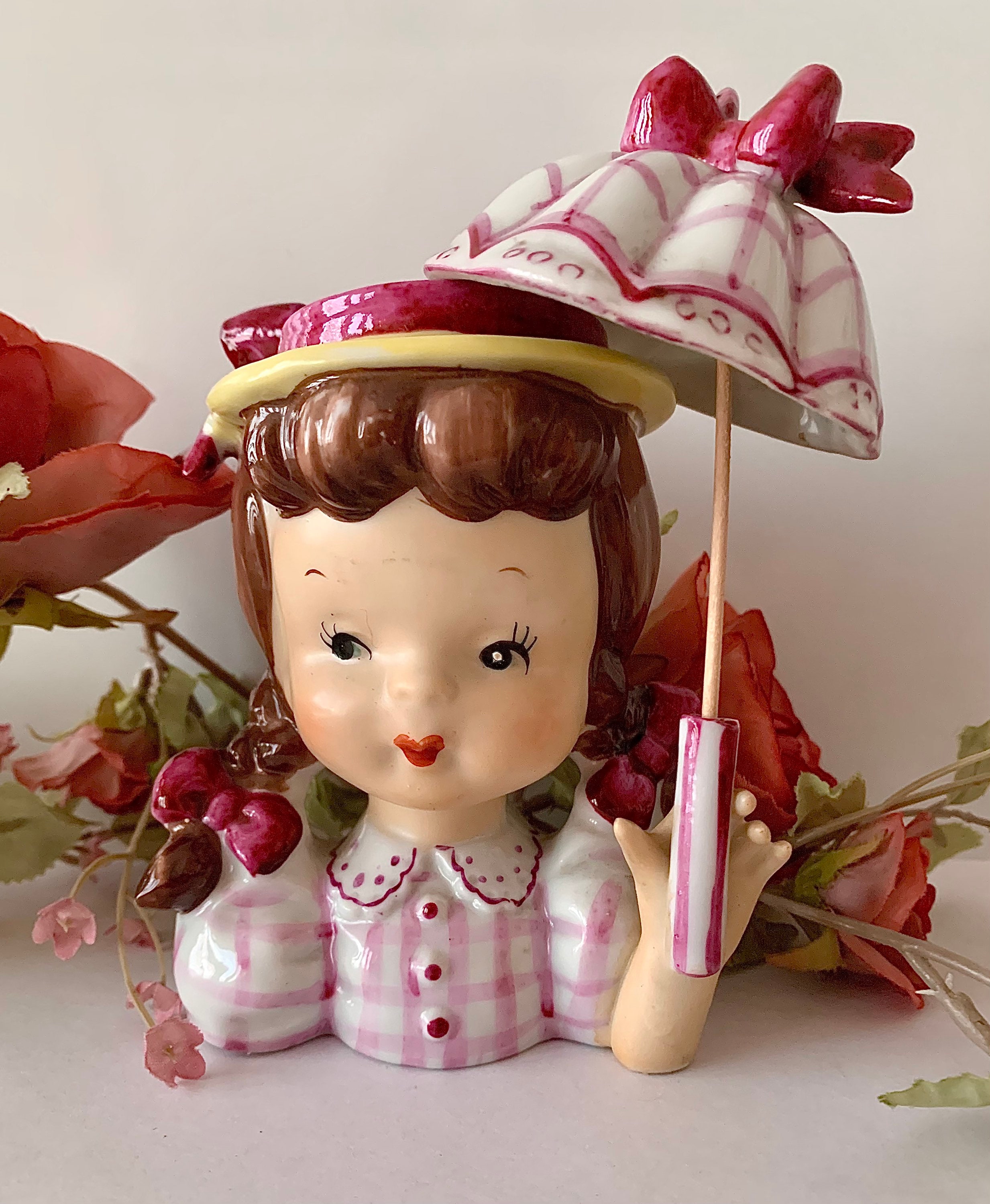 Vintage Girl Head Vase W/umbrella/parasol Pig Tails Etsy