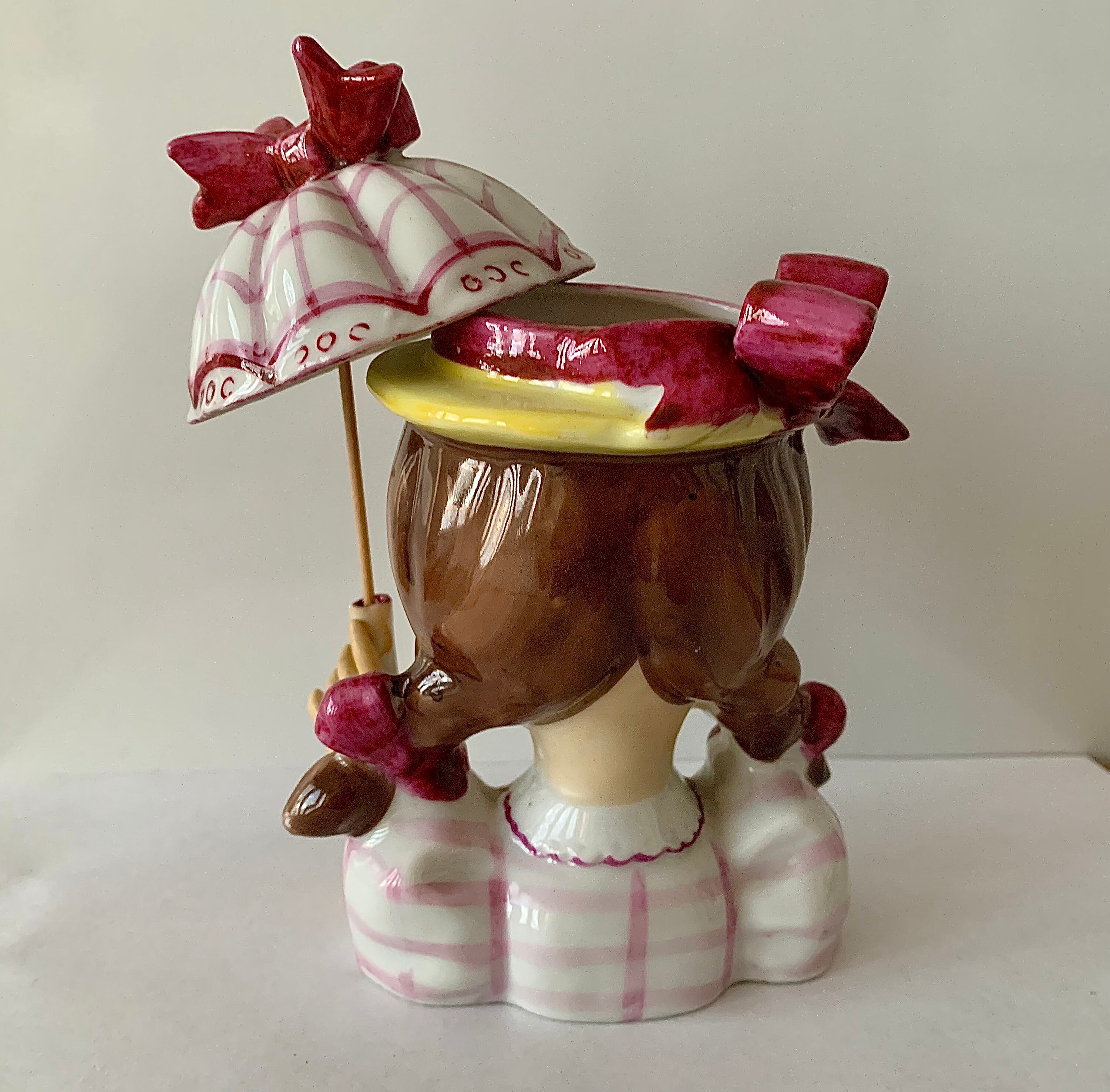 Vintage Girl Head Vase W/umbrella/parasol Pig Tails Etsy