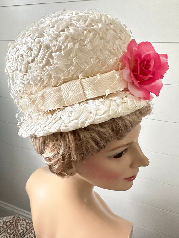 Vintage MCM White High Domed Hat Pink Floral