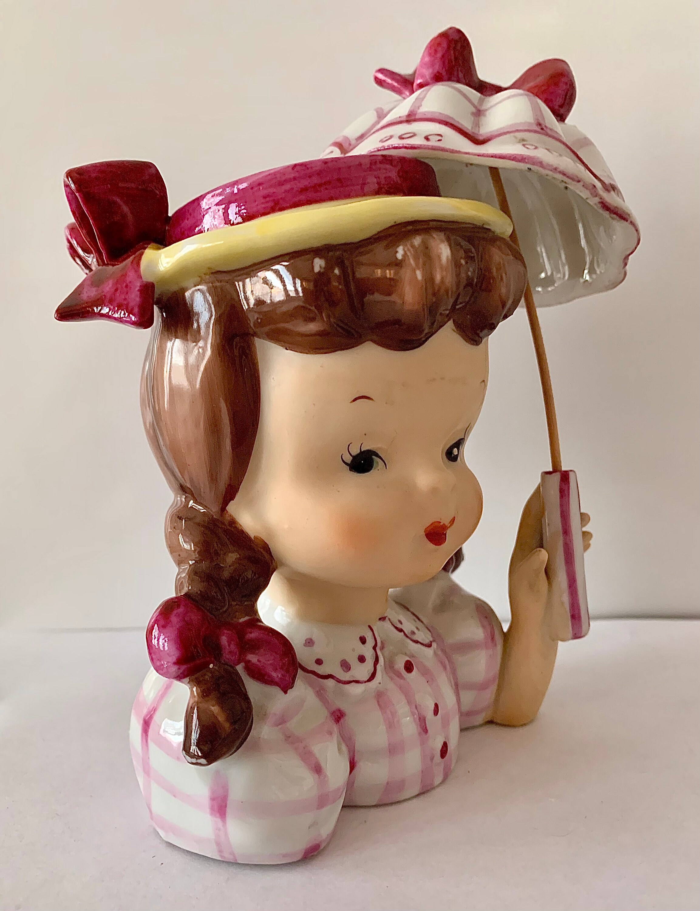 Vintage Girl Head Vase W/umbrella/parasol Pig Tails Etsy