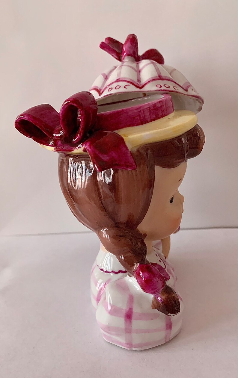 Vintage Girl Head Vase W/umbrella/parasol Pig Tails Etsy