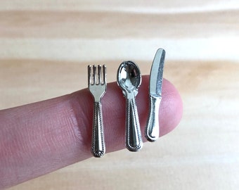 1:12 Scale Cutlery Set (1 Fork + 1 Spoon + 1 Knife) for Miniature Dollhouse Dining Settings