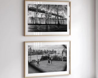 NYC Basketball Wall Art Set of 2 – New York City Skyline Court Print – Urban Street Photography – Black and White Basketball Decor