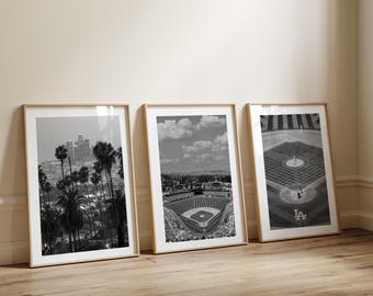 Los Angeles Wall Art Set of 3 – Dodgers Stadium Print – LA Skyline Photography – Baseball Wall Decor – California Art – Sports Fan Gift