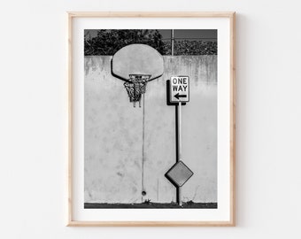 Black and White Basketball Hoop Photo Print: Minimalist Wall Art