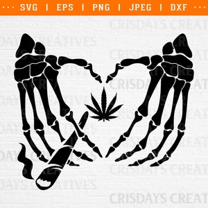 Puede incluir: Silueta en blanco y negro de dos manos esqueléticas formando un corazón con una hoja de marihuana y un porro encendido en el centro.