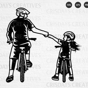 Op de afbeelding: Zwart-witte illustratie van een vader en dochter die fietsen. De vader draagt een helm en heeft zijn arm uitgestoken naar zijn dochter, die ook een helm draagt. Ze lachen allebei.