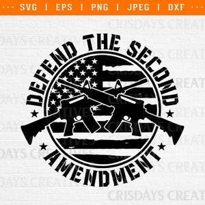 May include: A black and white graphic design featuring an American flag background. The graphic depicts two rifles crossed over each other with the text "Defend the Second Amendment" around the outside.