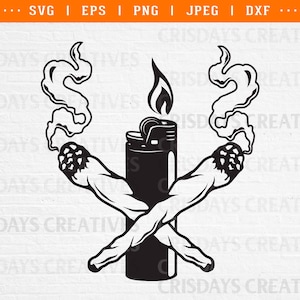 Puede incluir: Ilustración en blanco y negro de dos porros cruzados con un encendedor en el centro. Los porros están encendidos y tienen humo saliendo de ellos.