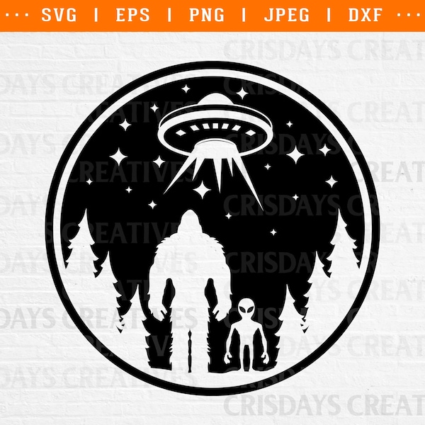 bigfoot alien svg, bigfoot alien shirt svg, bigfoot svg bigfoot and alien under the moon svg sticker- decal cut files clipart dxf png cricut