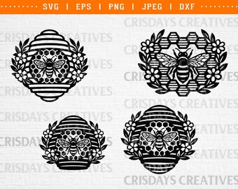Floral Bees in Beehives SVG | Cute Bee Hive Clipart PNG | Floral Honeycomb Cut File | Bee Craft Design Svg | Bee Hive Floral SVG