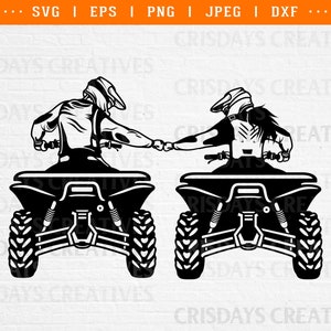 May include: Black and white silhouette of two people riding ATVs. The riders are wearing helmets and are facing forward. The ATVs have four wheels and are facing forward.