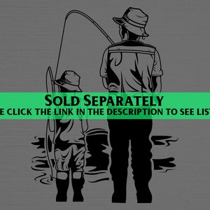 May include: Black and white silhouette of two people fishing. A father and child stand side by side, holding fishing rods. The father is taller and has a hat on. The child is shorter and also has a hat on. The image is set against a grey background.