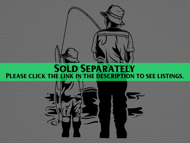 May include: Black and white silhouette of two people fishing. A father and child stand side by side, holding fishing rods. The father is taller and has a hat on. The child is shorter and also has a hat on. The image is set against a grey background.