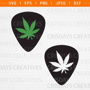 May include: Two guitar picks featuring a marijuana leaf design. One pick is black with a white leaf, and the other is black with a green leaf.