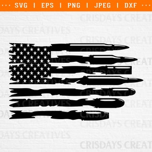 May include: A black and white graphic design of the American flag, with the stripes replaced by bullets. The flag's stars are visible in the upper left corner. The image includes the text "SVG | EPS | PNG | JPEG | DXF" and "CRISDAYS CREATIVES".