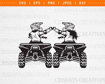 May include: Black and white graphic of two people on ATVs, fist-bumping. Each person wears a helmet and protective gear. The image includes the text "SVG | EPS | PNG | JPEG | DXF" and "CRISDAYS CREATIVES".
