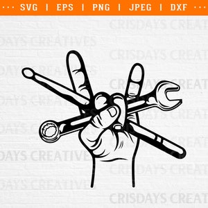 Rock and Roll Hand holding wrench and drumsticks svg, rock and roll hand sign, Rock and Roll svg, mechanic, mechanic svg, wrenches svg