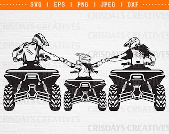 May include: Black and white graphic of three ATVs with riders. The riders are wearing helmets and protective gear, with two adults and one child. The image includes the text "SVG | EPS | PNG | JPEG | DXF" and "CRISDAYS CREATIVES".