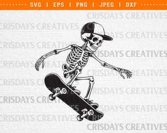 Skeleton Skull Skater SVG | Skateboarding Skull Clipart | Skate Punk Street Art Cut File | Cricut Silhouette Digital Download