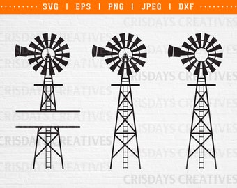 May include: Three black silhouette windmills with a split rail fence design. The windmills have a traditional design with a tower and blades.
