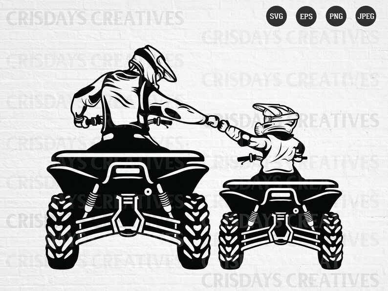 May include: Black and white illustration of two people riding all-terrain vehicles. The people are wearing helmets and are facing forward. The vehicles are side-by-side and are driving on a dirt road.