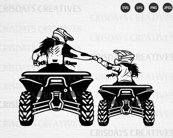 May include: Black and white silhouette of two people riding ATVs. The people are wearing helmets and goggles. The ATVs are facing forward and have a black and white design.