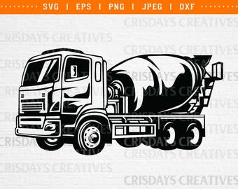 May include: Black and white silhouette of a cement mixer truck. The truck has a large, round drum on the back and a cab in the front.